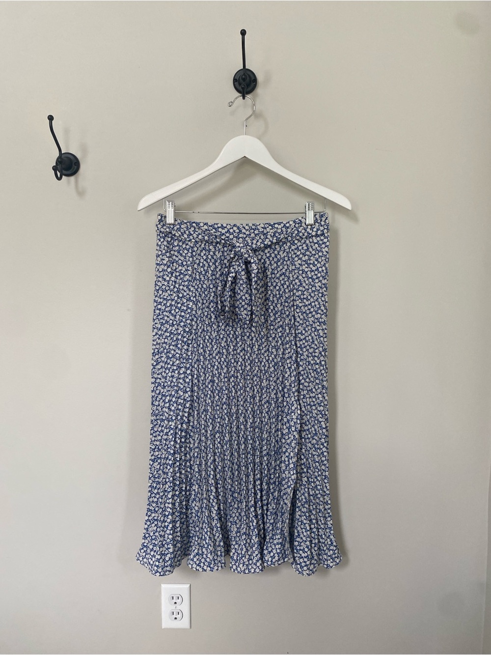 New Autumn Blue Floral Tie-Waist Pleated Midi Skirt